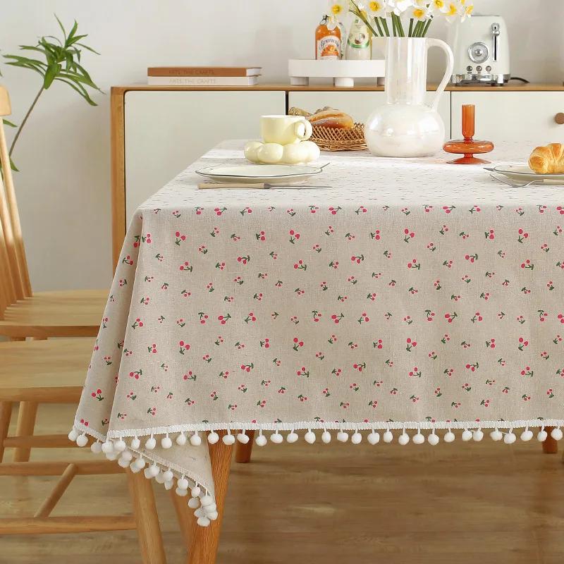 Blue Tablecloths Bohemian Floral Fabric Tassel Rectangle Dust-Proof for Home Decoration Kitchen Holiday Party Dining Table Cover