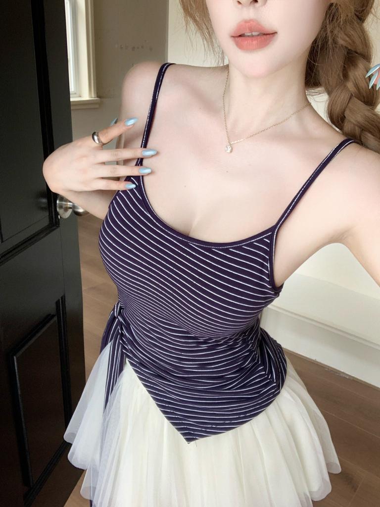 #Summer new pure desire wind striped lace-up splicing sling vest female slim fixed with chest pad top