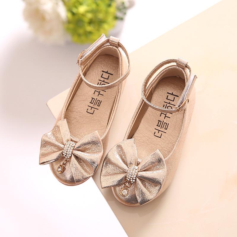 Girls Leather Shoes Soft Princess Sweet Toddlers Girl Big Kids School Shoes Ankle-strap Butterfly-knot with Rhinestone