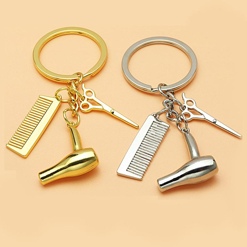Barber Shop Tools Key Ring Hair Dryer Scissors Comb Pendants Simulation Keychain