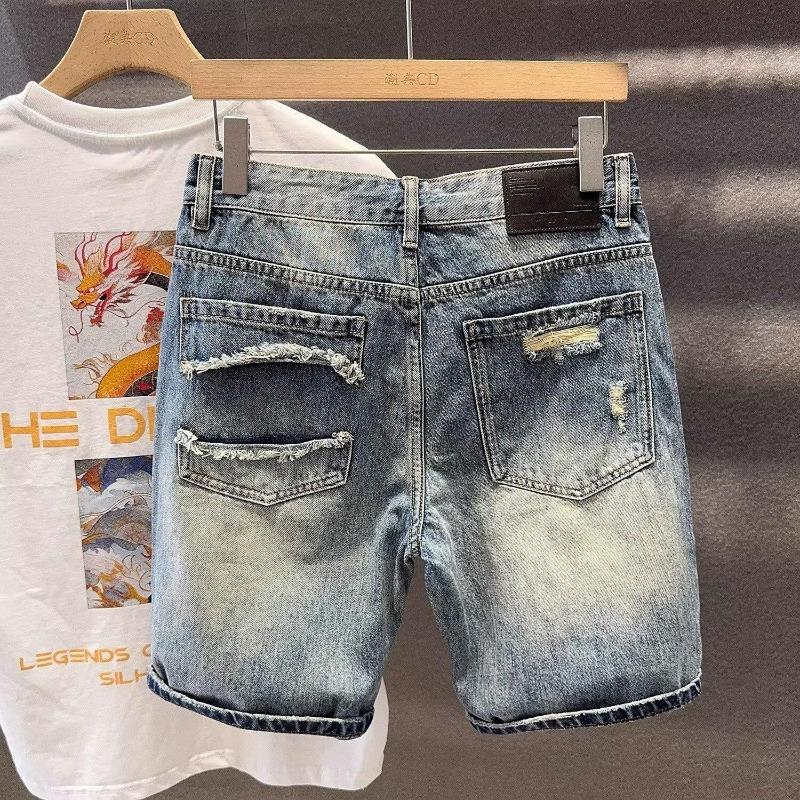 Hong Kong version of high-end cotton retro washed ripped denim shorts men's summer thin straight five-point pants