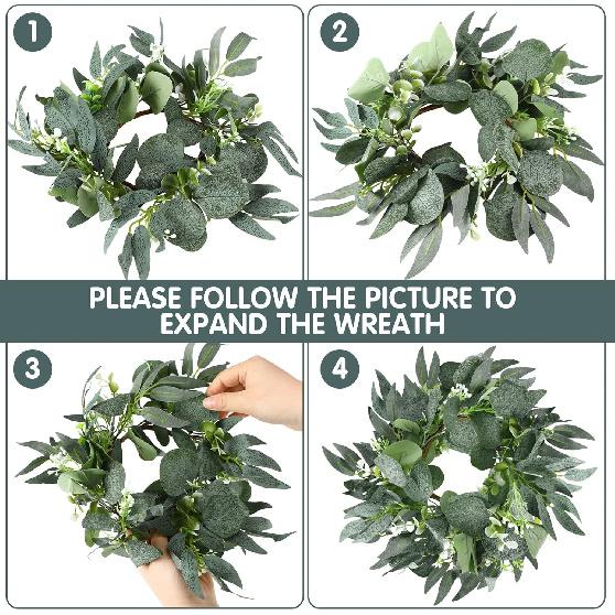 Thinkday 4 Pcs Eucalyptus Candle Ring Small 4 Inch Center Mini Artificial Wreaths Green Floral Leaves Pillar Holder Centerpieces for Wedding Door