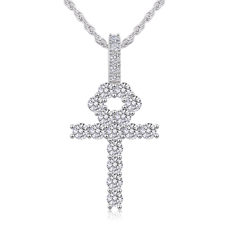 European American Trend S925 Sterling Silver 5mm Moissanite Cross Pendant Men's Gold Rhodium-Plated Christian Hip Necklace