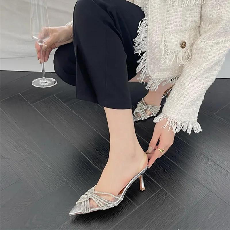 Sexy Transparent PVC Cover Head Stiletto Sandals Pointed Toe Rhinestone Band Cross Thin High Heel Dress Party Shoes Womens Pumps