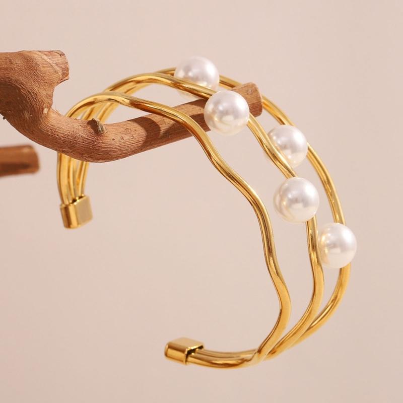 Imitation Pearls Open Bangle Stylish Fashion Jewelry Accessories Stainless Steel Bracelet Comfortable Daily Wear For Her