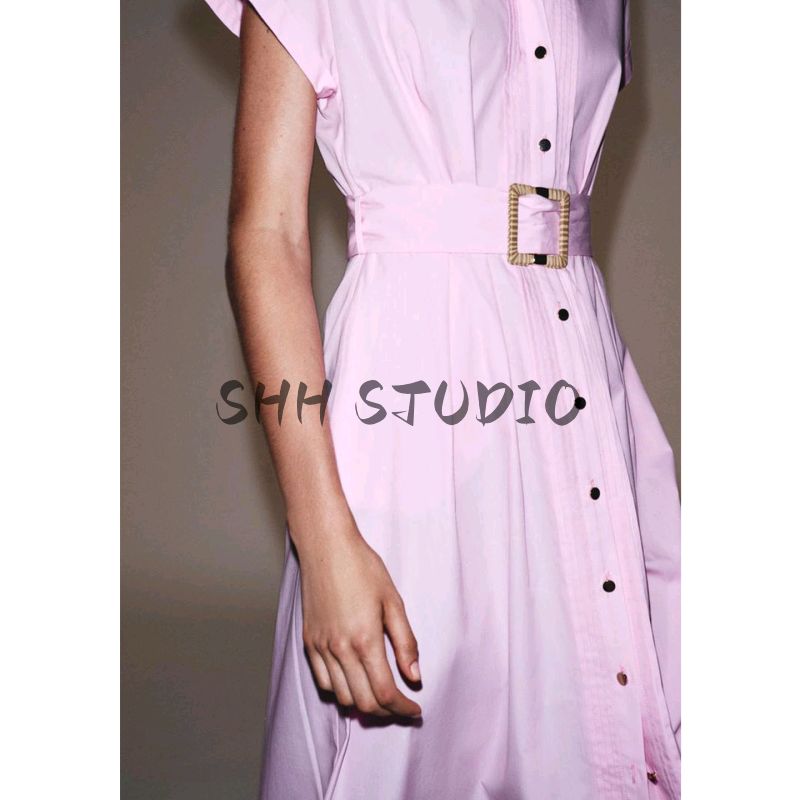 Autumn New Women's Clothing Frill Decorative Lapel Short Sleeve with Belt Poplin Midi Skirt Dress 8441255