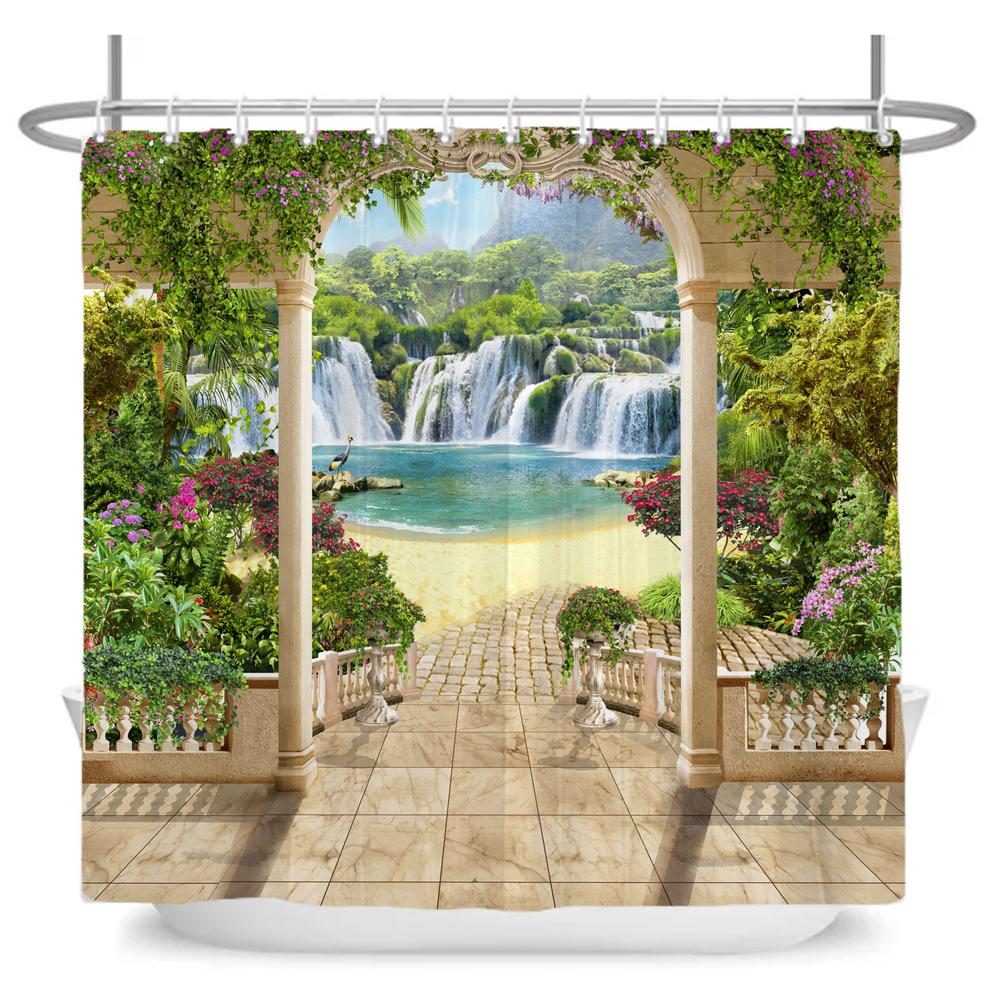 Beautiful Seaside Garden 3D Print Shower Curtain Rural Flower Scenery Bathroom Waterproof Bathtub Curtain Home Decor With Hooks