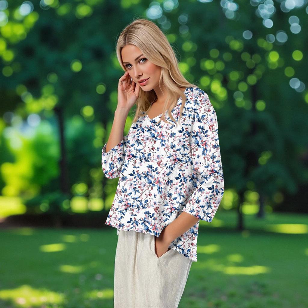 3/4 Length Sleeve Womens Tops Summer Trendy  V-Neck Blouses Dressy Casual  T-Shirt Summer Outfits Beach Vacation