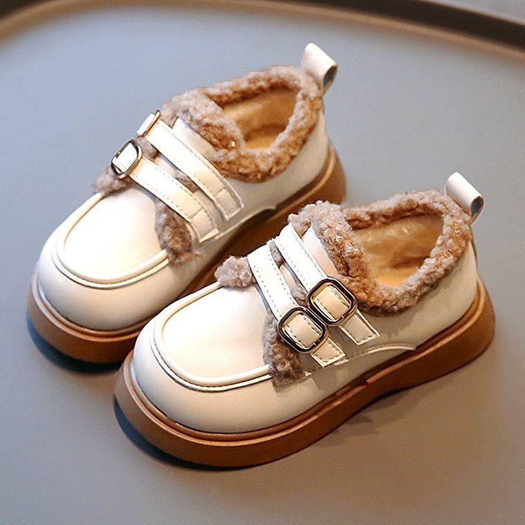 Girls' velvet small leather shoes 2025 autumn and winter new boys' lamb wool soft-soled cotton shoes British style warm princess shoes