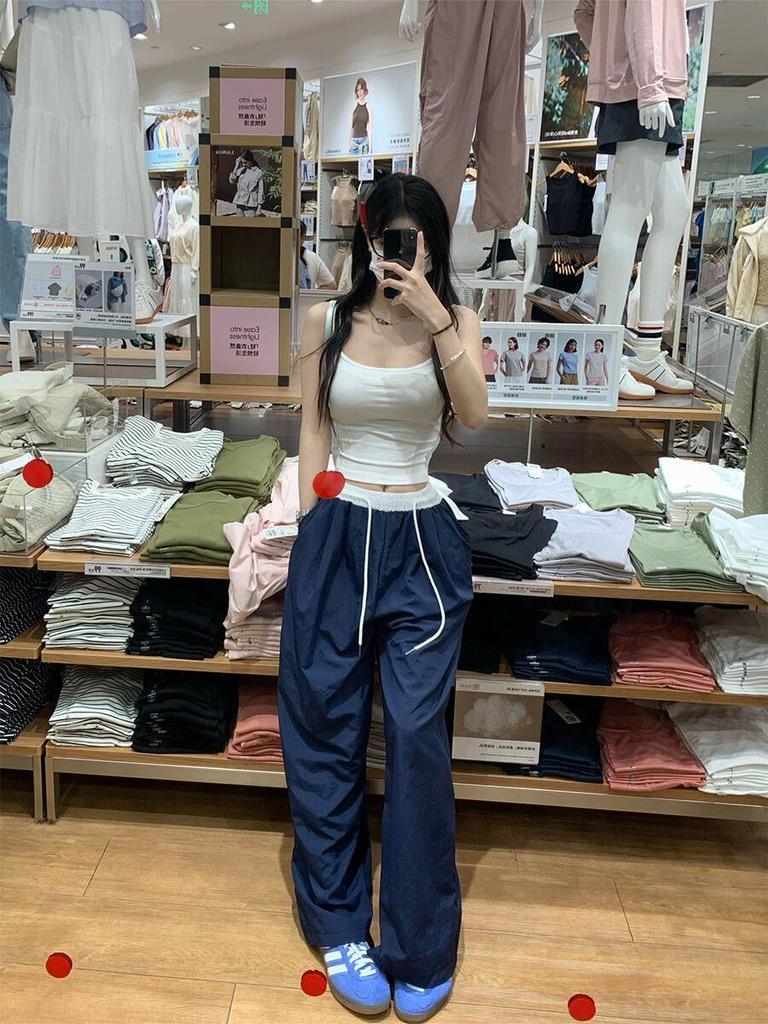 Damskie spodnie dresowe z wysokim stanem, blokiem kolorów i szerokimi nogawkami 2025: Swobodne, Wszechstronne, Luźne Spodnie z Prostą Nogawką.