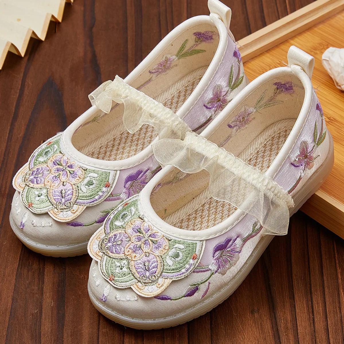 

Детская модная обувь для девочек, вышитые вручную цветы, плоские туфли в китайском старинном стиле, детская обувь принцессы ханьфу для выступлений 25 фиолетовый