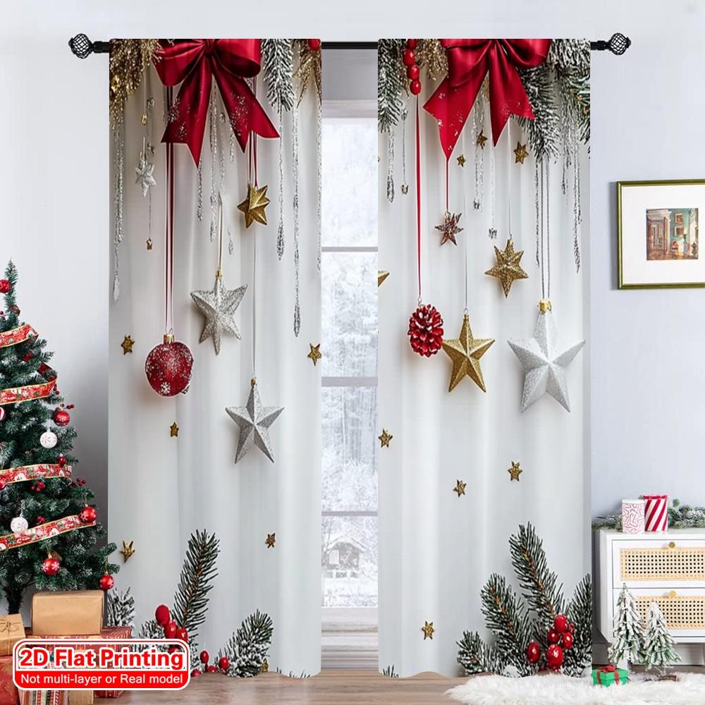 Set Of 2 Flat Printing Christmas Window Curtains Pine Branch Versatile Polyester Without Electricity Festive Wall Curtain