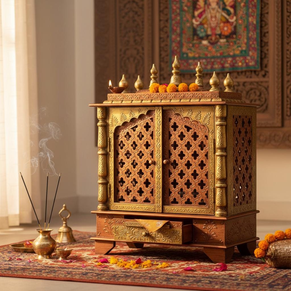 Handicrafted Wooden Wall Temple with Copper Work | Indian Home Mandir with Drawer & Dome | Traditional Pooja Mandap for Religion Home Decor