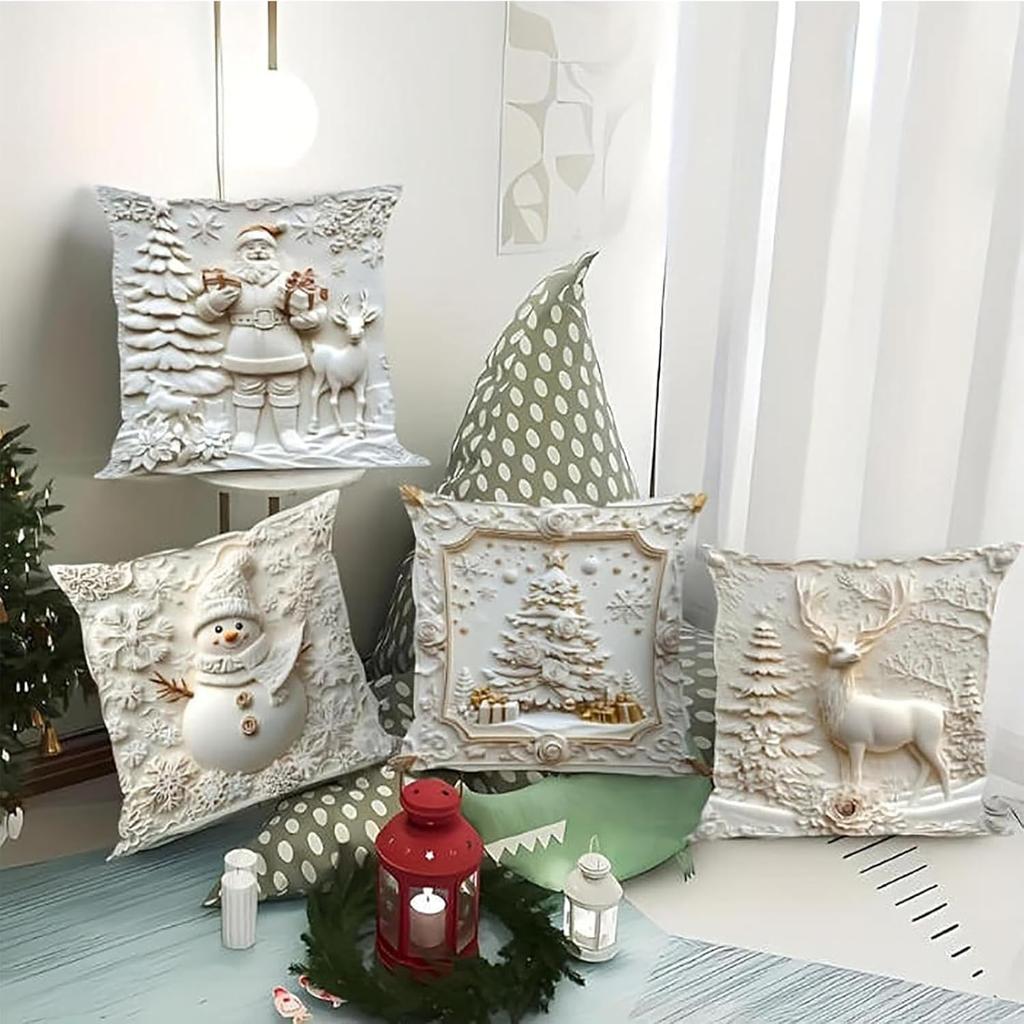 4 Stück Weiche Weihnachts-Kissenbezüge Luxus Samt Kissenbezüge mit 3D-Druck Festliche Dekoration für Wohnzimmer Sofa Schlafzimmer Maschinenwaschbar