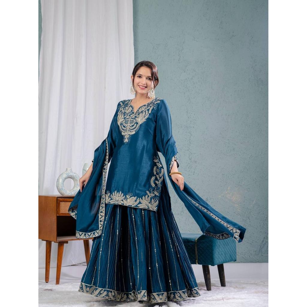 INDIAN PAKISTANI CHINNON SILK SHARARA SALWAR KAMEEZ SET WOMEN PARTY WEAR ETHNIC VFP-1886a