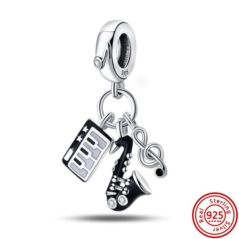 New 925 Copper Piano Saxophone Guitar Music Notation Earphone Pendant Beads Fit Original Pantaro Charms Bracelet Women Zircon