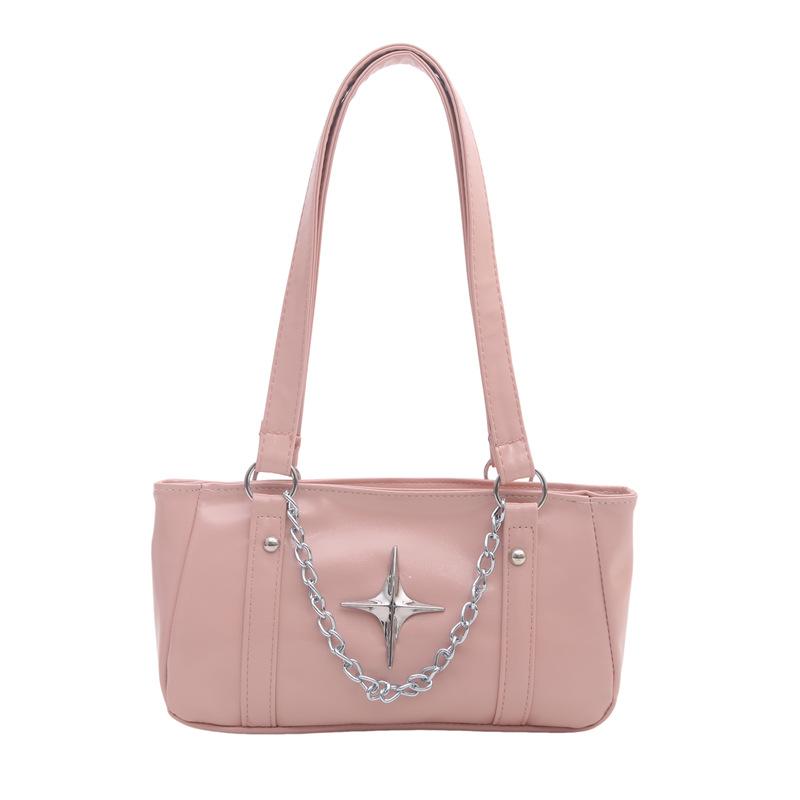 Large Capacity Simple Solid Color Chain Decor Cross Style Single Shoulder Baguette Underarm Handbag
