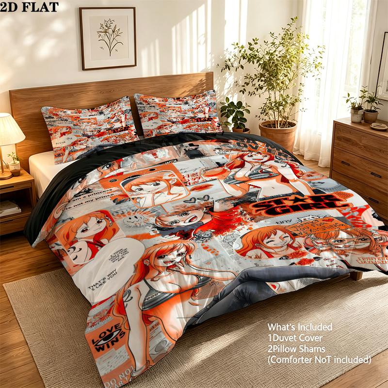 Nami Pattern Bedding Quilt Set Quilt Cover Pillowcase Home Birthday Gift(1 * Duvet Cover + 2 * Pillowcase, Without Core)