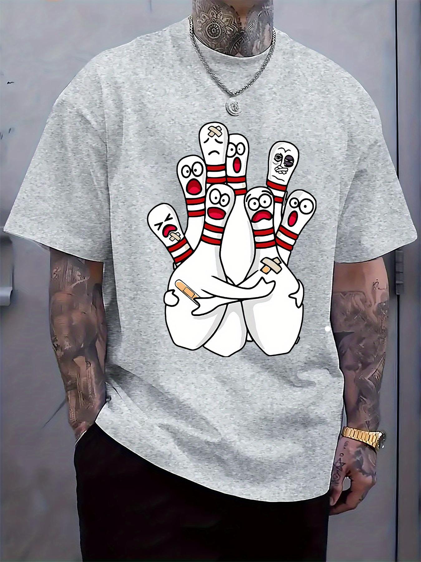 Black T-shirt with Cartoon Bowling Pins & Cigarette Graphic - Casual Crew Neck XXXXL