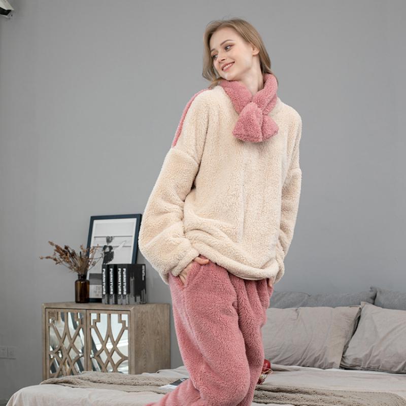 Thicken Coral Fleece Pajamas Set Women Winter Warm Vintage Casual Kawaii Sweet Girl Suit Homewear Plus Size Two-piece Suit Chic