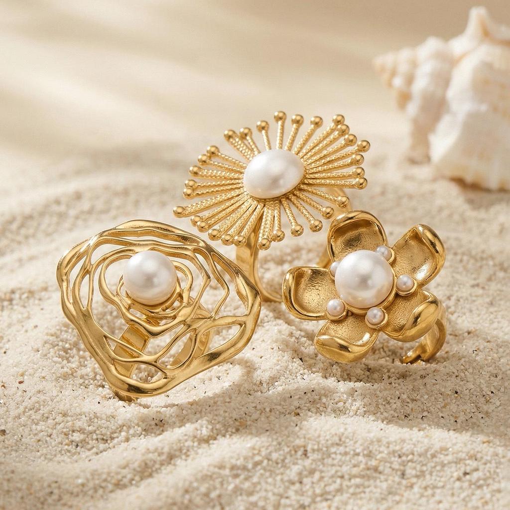 Exquisite Shell Bead Sunflower Stainless Steel Open Ring Set - High-End Hand Jewelry
