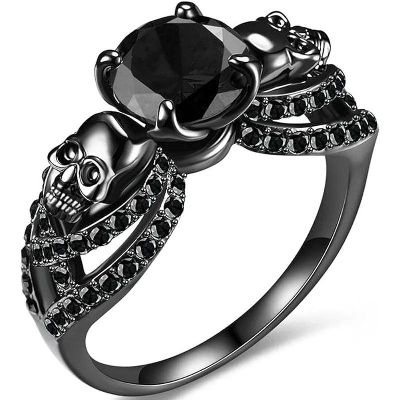 Gothic Black Ring Red Crystal Vampire Double Skull Rings for Women Party Wedding Jewelry