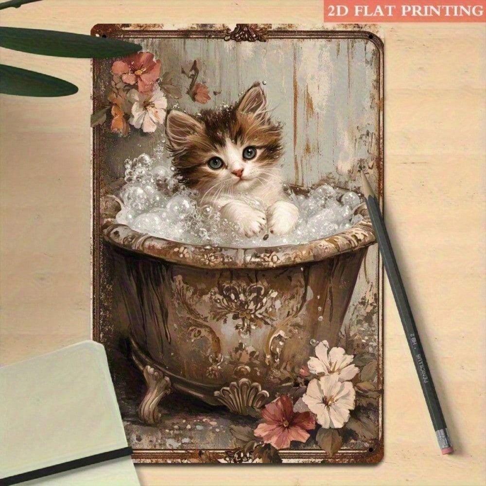 Vintage Metal Poster Kitten Foam Flowers Wall Art Home Decor Gift