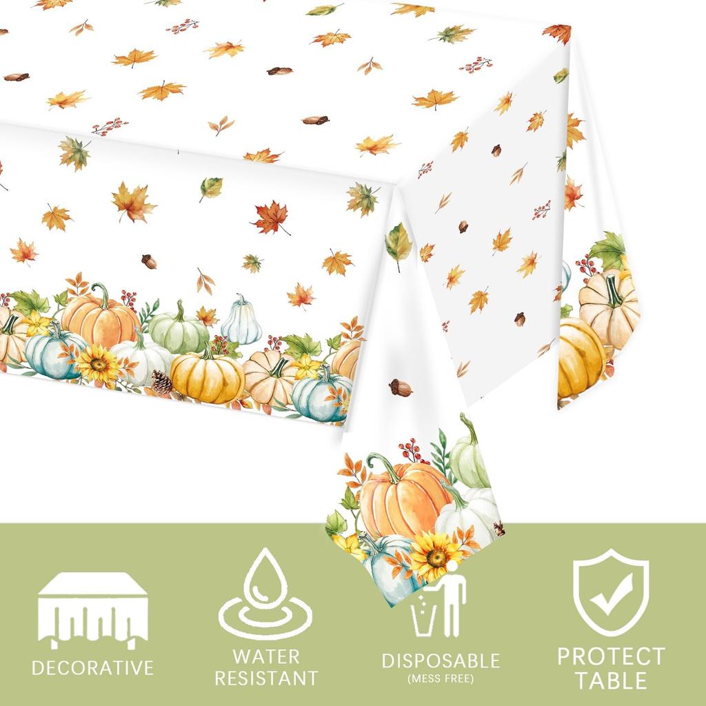 3 Pieces Fall Pumpkin Tablecloth Thanksgiving Tablecloth Autumn Harvest Maple Leaf Table Cover for Fall Thanksgiving Party Supplies, 54 X 108 Inch
