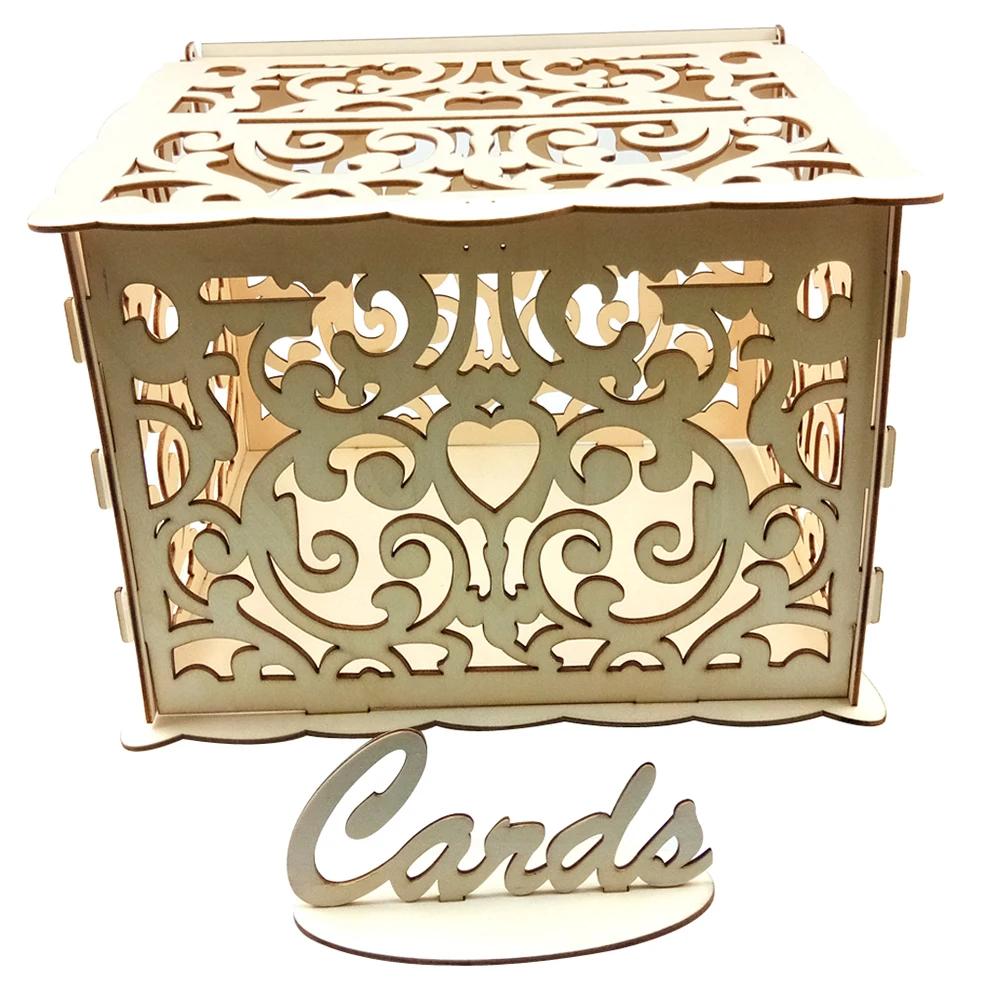 Wooden Wedding Card Box Wedding Decoration Supplies DIY Mr&Mrs Couple Flower Pattern Envelope Sign Cards Wood Box