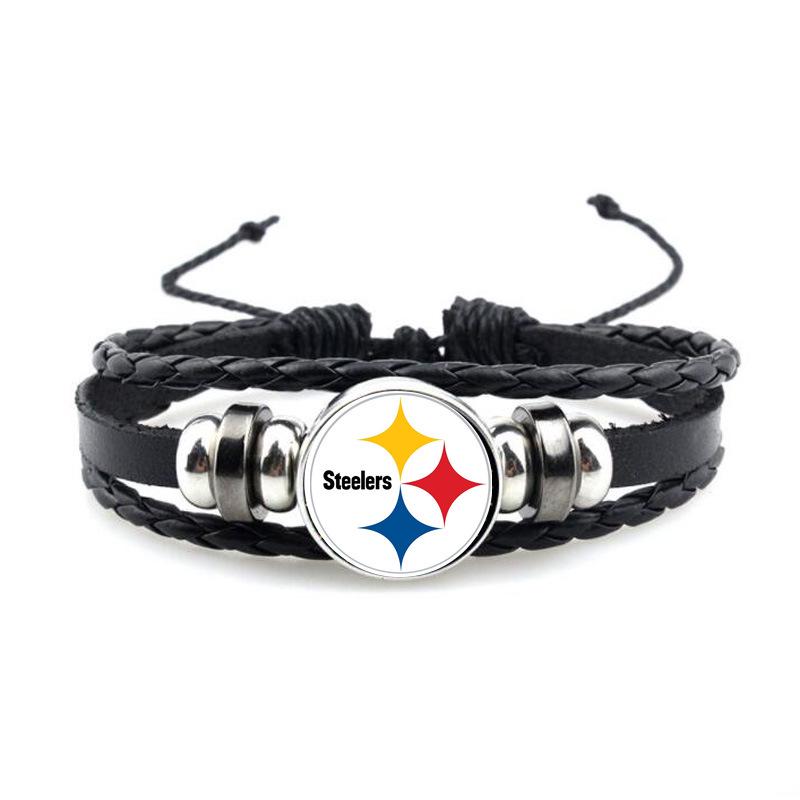NFL 32 Teams Schwarzes Vintage-Leder-Football-Armband mit Zeit-Edelstein