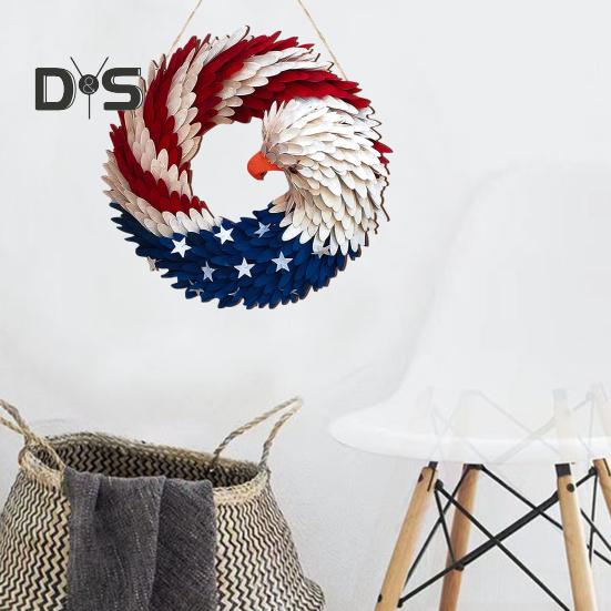 Patriotic Eagle Wreath 4th of July Wooden Decoration Indoor Outdoor Front Door Wall Hanging Independence Day Memorial Day Door Sign Pendant