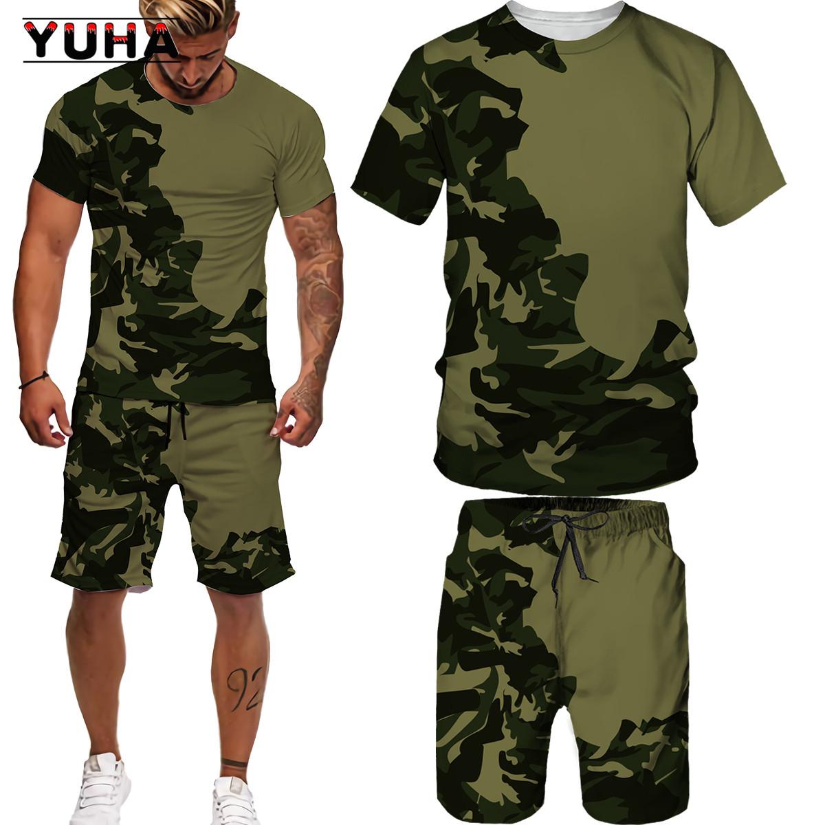 

YUHA 2022 Summer Camouflage Tees/Shorts/Suits Men s T Shirt Shorts Tracksuit Sport Style Outdoor Camping Hunting Casual Mens Clo S