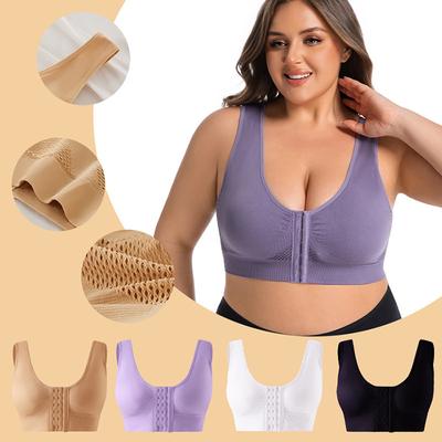Plus Size Front Closure Sports Bra - 6 Hook Wireless Yoga Bra Light Support Thin