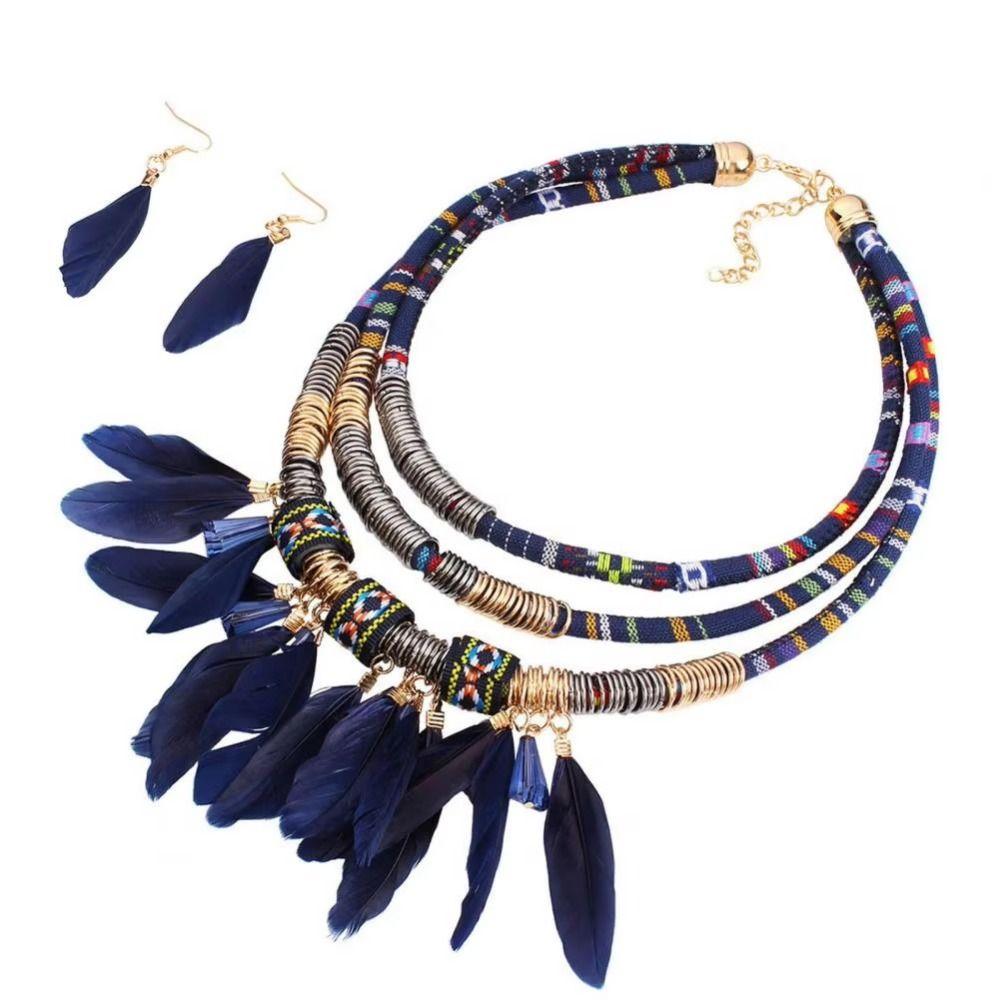 Fashion Bohemian Necklace Vintage Necklace Earrings Set Feather Tassel Necklace  Dating Accessories
