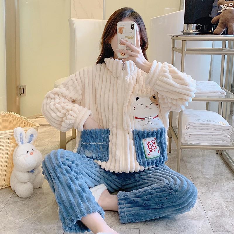 Cozy Coral Fleece Flannel Striped Loungewear for Plus Sizes (up To 220 Lbs) - Cute and Warm for Autumn and Winter