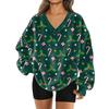 Women's Fashionable V-neck Christmas Printed Long Sleeved Casual Pullover Plush Warm Pocket Sweatshirt Top