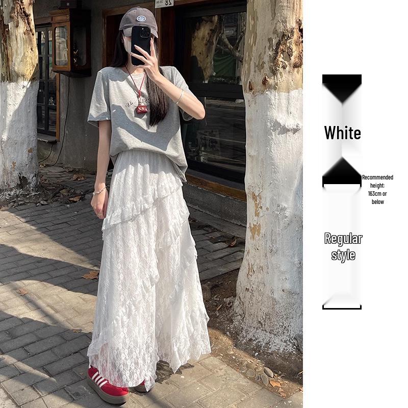 

Women s High Waist White Lace A-line Skirt - Spring/Autumn Irregular Petite Cake Style L [111-125 lbs]