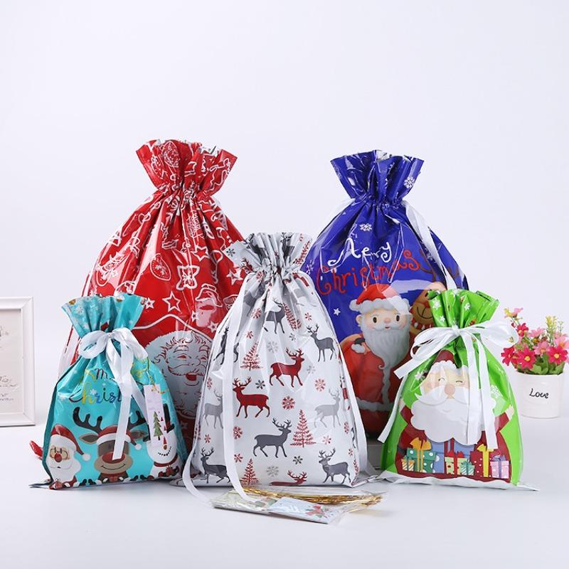 New Christmas Gift Packaging Bag Santa Claus Snowman Printed Drawstring Gift Bag Aluminum Foil Christmas Decoration Products
