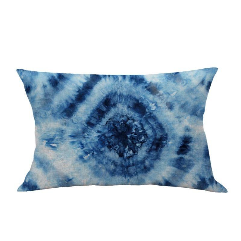 Blue Rectangular Pillow Cushion with Artistic Cotton and Linen Tie Dye Pattern Pillowcase