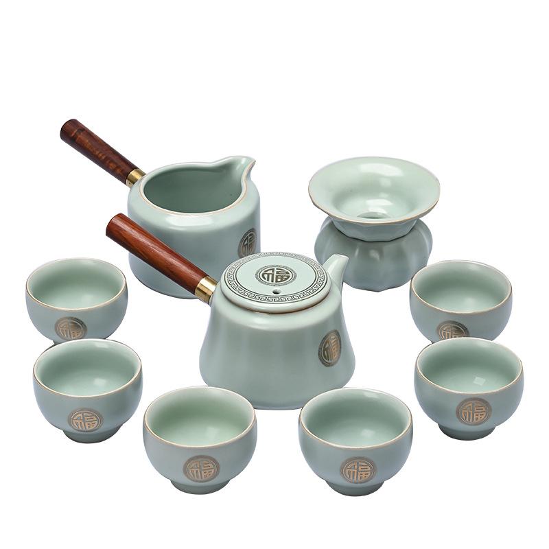 Keramisches Kung Fu Tee-Set Ru Brennofen Seitliche Kanne Teetasse Goldbemalt Retro Geschäftsgeschenke Werbegeschenke
