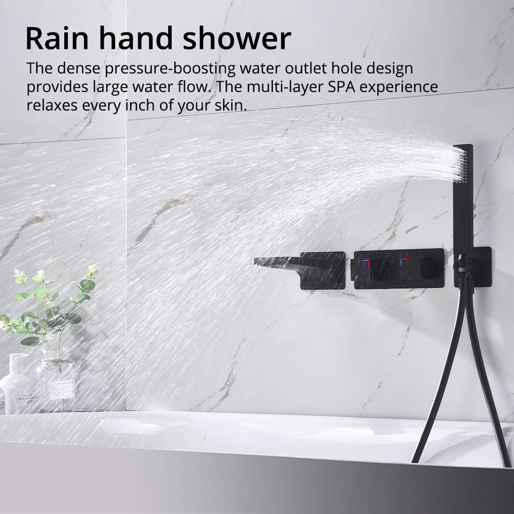 Black Wall Mounted Bathroom Faucet with Hand Shower Single Handle Spout Mixer Tap for Bathtub Modern Stylish Bath Faucets