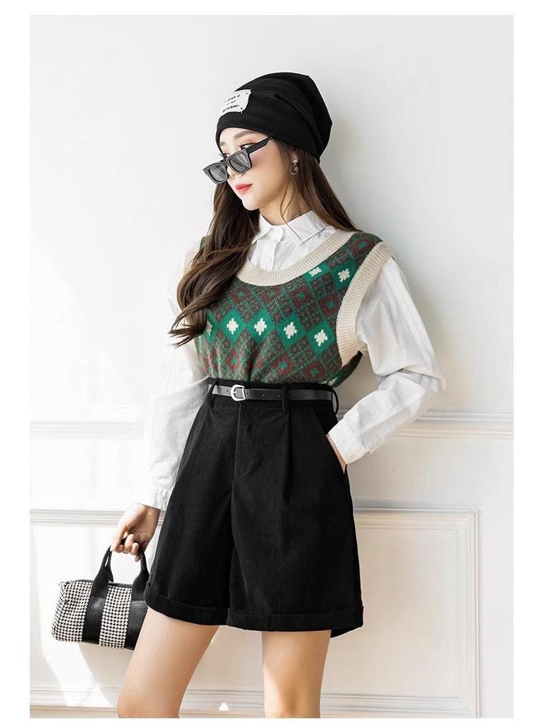 Plus Size High Waist Corduroy Shorts - Women's Autumn/Winter Wide Leg, Loose Casual Five-Point Shorts