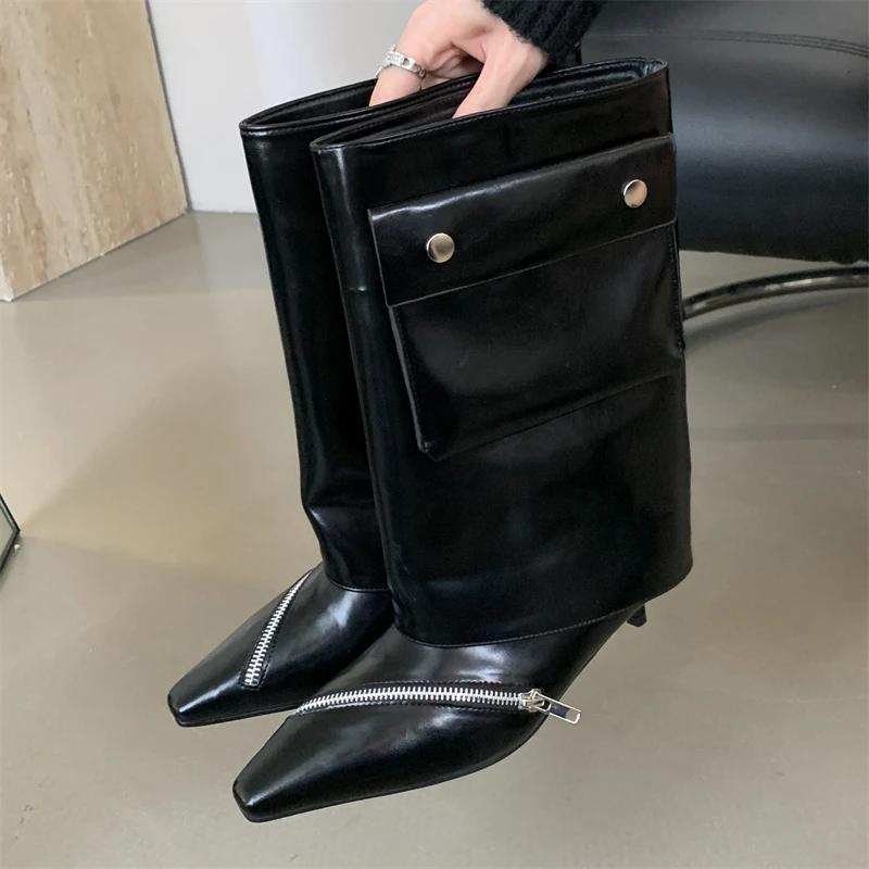 

2026 Новый Модный Дизайн Острый Носок Тонкий Низкий Каблук Молния Женские Ботильоны С Пряжкой Вставка Карман Банкетные Женские Туфли 35 чёрный