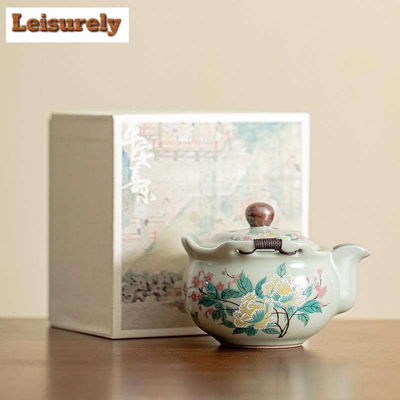 200ml Handmade Pea Green Ru Kiln Teapot Japanese Hibiscus Mutabilis Flower Hand Grab Pot Tea Brewing Kettle Puer Cha Decoration