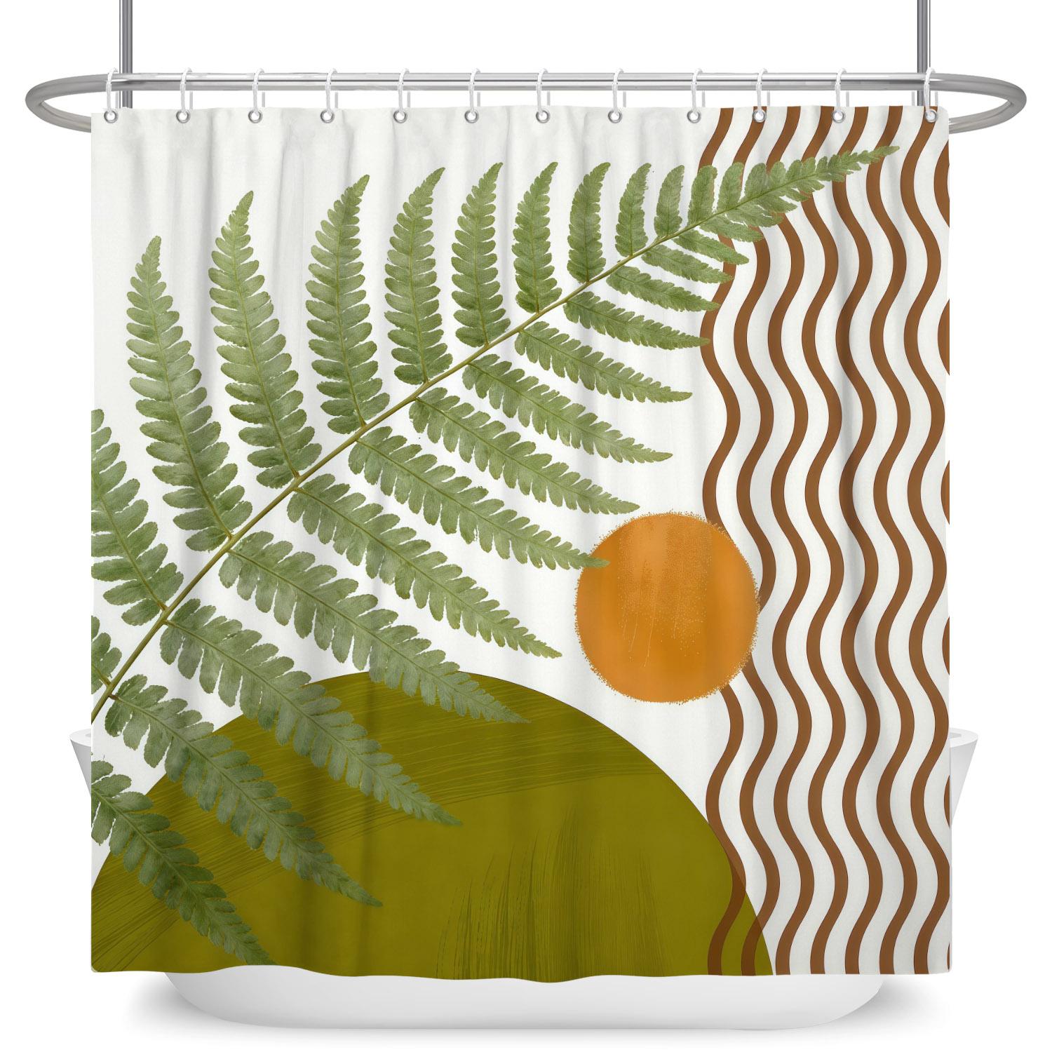 

Bohemian Tropical Leaves Shower Curtain Minimalist Geometric Pattern Waterproof Bath Curtain Bathroom Decor Polyester With Hooks W90cm x H180cm
