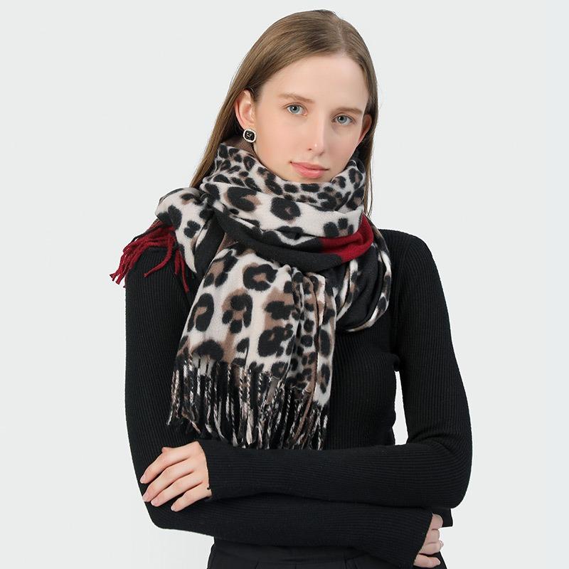 Leopard Print Women's Warm Scarf Color-block Leopard Wrap Shawl