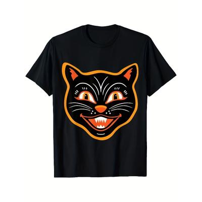 Rozmiary europejskie Męska Koszulka z Graficznym Czarnym Kotem w Stylu Vintage - Straszna Koszulka na Halloween z Pomarańczowymi Oczami - Miękki Codzienny T-shirt na Imprezy Kostiumowe