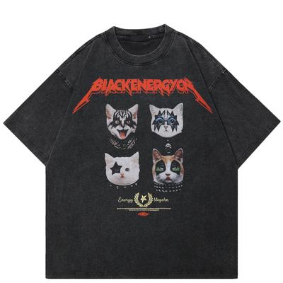 T-shirt unisexe en coton délavé noir avec motif chats des deux côtés, haut unisexe, été, manches courtes