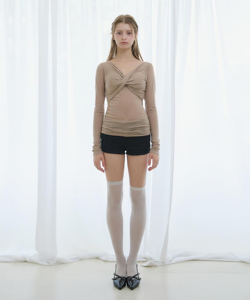 Leijeumiya Aoi Ribbon Ballet Shirring Tee [Mocha]
