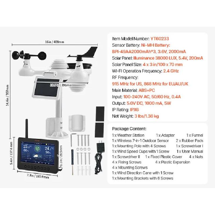 

SucceBuy 7-in-1 Wireless Weather Station with Wi-Fi 7 TFT Colorful Display & Solar-Powered Sensor Indoor & Outdoor Monitoring YT60233
